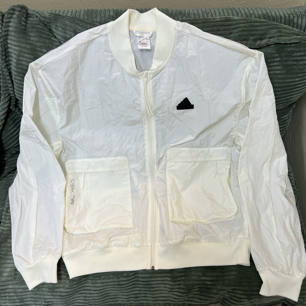 adidas White Zip-Up Bomber Jacket with Black Logo Tag